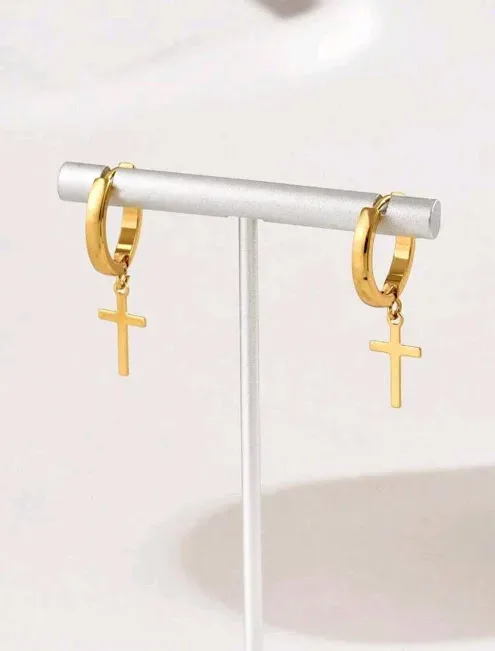 Argollas de acero inoxidable para dama con dije de cruz