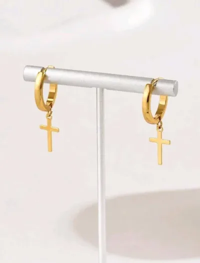 Argollas de acero inoxidable para dama con dije de cruz