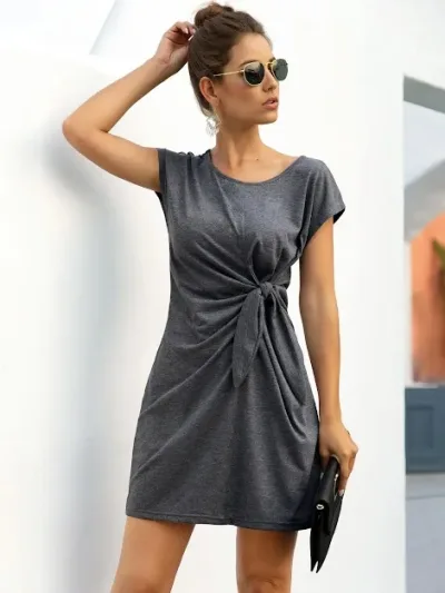 Vestido para dama color gris detalle de lazo