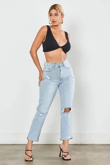 Mom Jeans para dama EP1926 color celeste