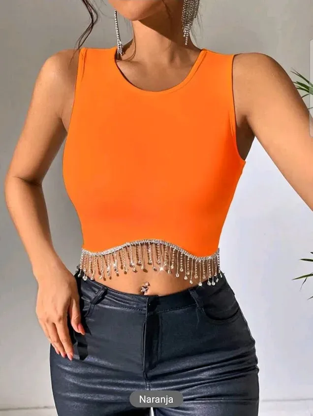 Top tank para dama con flecos color naranja