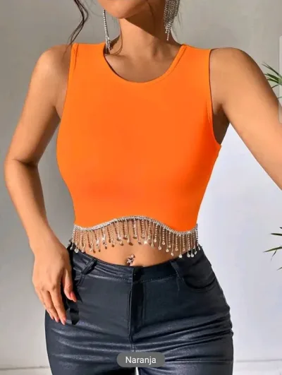 Top tank para dama con flecos color naranja