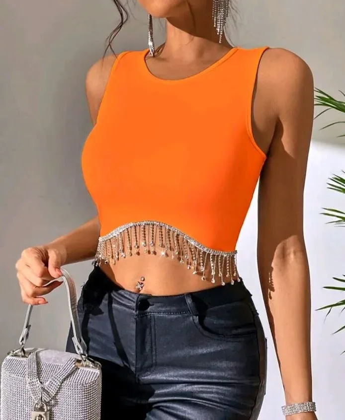 Top tank para dama con flecos color naranja