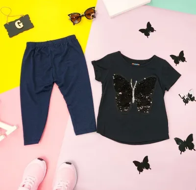 Conjunto para niña 2280B con diseño de mariposa color negro y azul