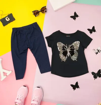 Conjunto para niña 2280B con diseño de mariposa color negro y azul