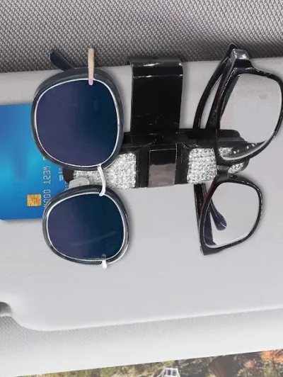 Clip soporte de gafas para coche diseño de diamantes de imitación color negro y plateado
