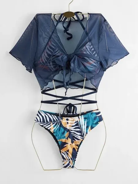 Vestido de baño para dama color azul con diseño de hojas