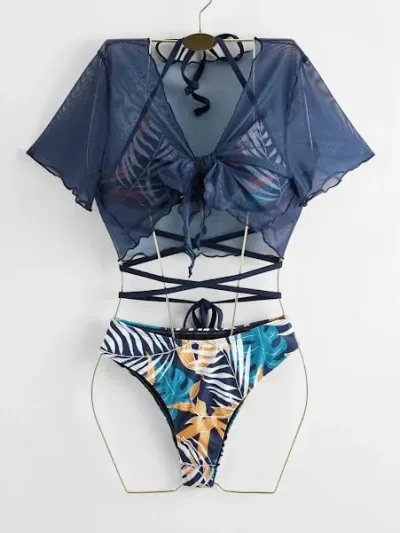 Vestido de baño para dama color azul con diseño de hojas