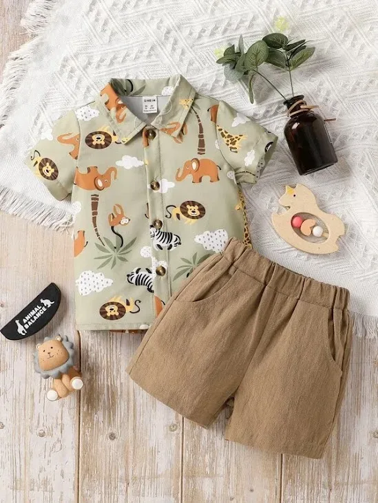 Conjunto para niño verde y cafe con diseño de animales