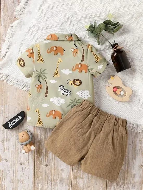 Conjunto para niño verde y cafe con diseño de animales