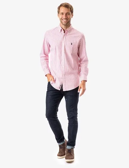 Camisa US Polo ASSN para caballero de rayas color blanco y coral