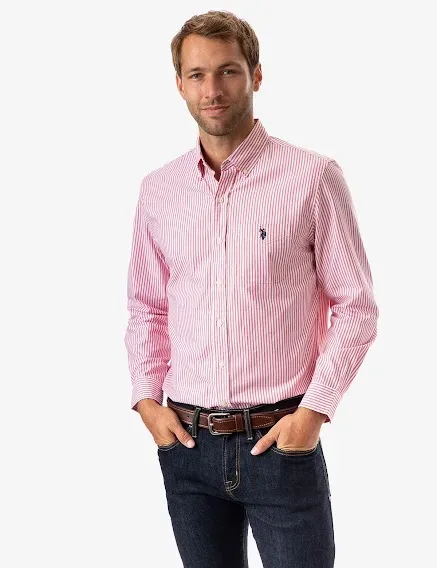 Camisa US Polo ASSN para caballero de rayas color blanco y coral