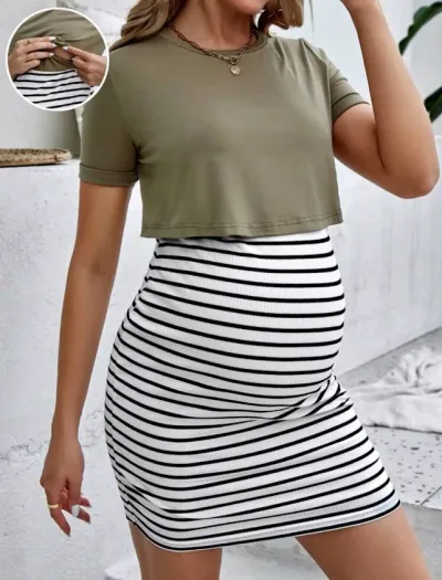 Vestido maternal para dama ajustado con diseño de rayas