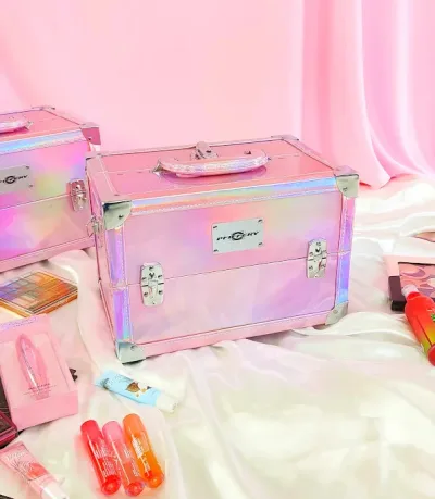 Caja de maquillaje Pfiffery para dama color rosado tornasol