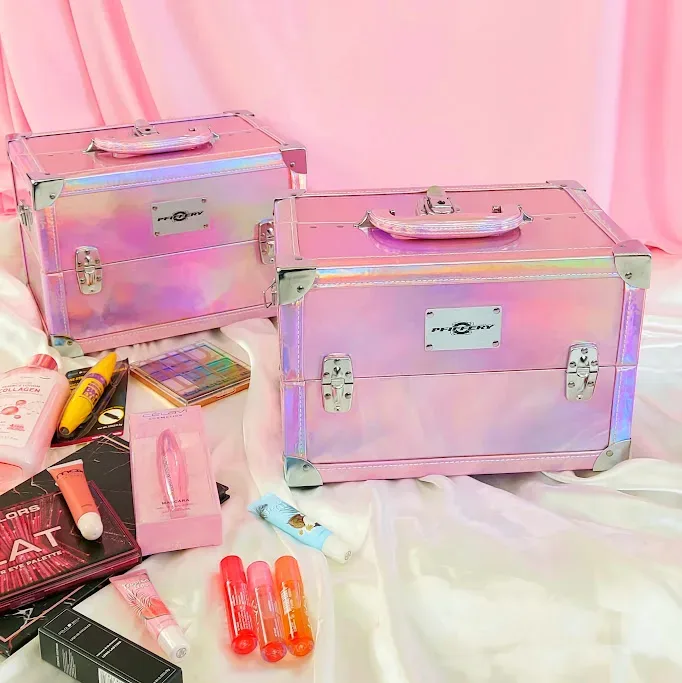 Caja de maquillaje Pfiffery para dama color rosado tornasol