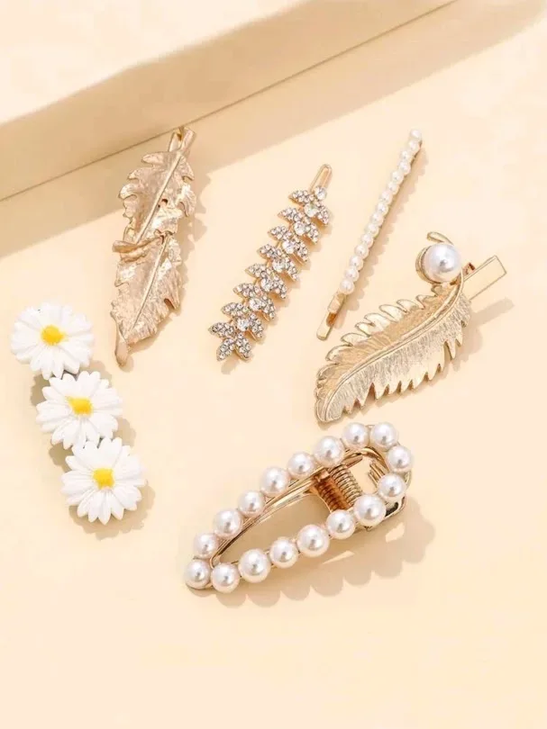 Set de prensas de cabello para dama diseño varios color blanco y dorado