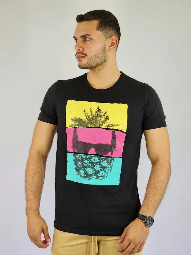 Camiseta de hombre Touch and Go negro  con diseño tropical