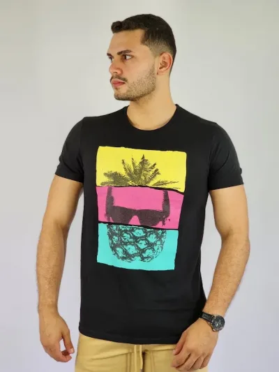 Camiseta de hombre Touch and Go negro  con diseño tropical