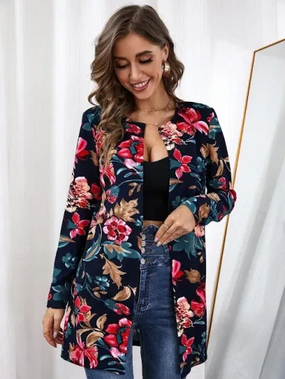 Abrigo para dama con estampado floral con parte delantera abierta