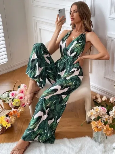 Enterizo largo para dama con diseño tropical