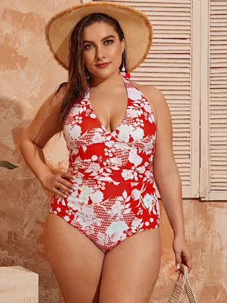 Vestido de baño Plus para dama con estampado de rosas