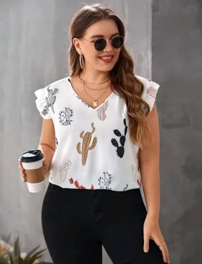 Blusa para dama color blanco con estampado de cactus