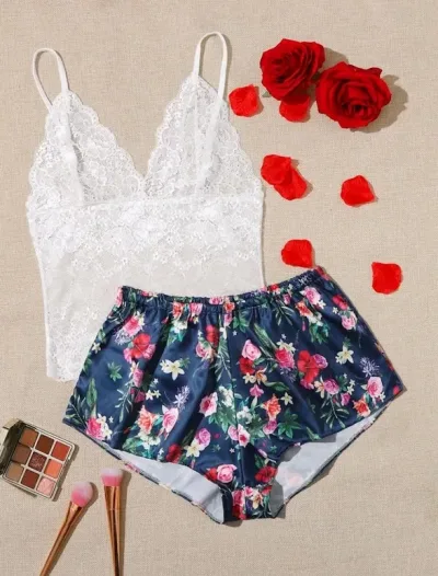 Conjunto de lencería para dama diseño floral multicolor