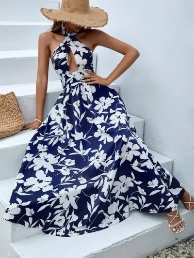Vestido para dama color azul con estampado floral