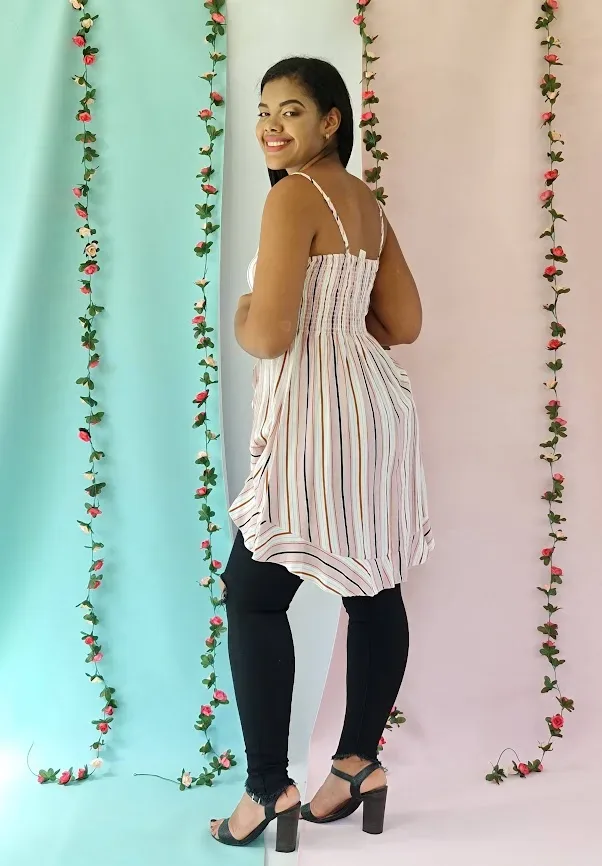 Blusa para dama de rayas color rosa, vino, blanco y azul