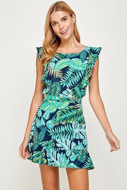 Vestido para dama con patrón de hojas tropicales