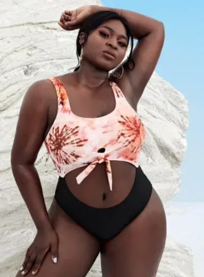 Vestido de baño para dama color negro y tonos naranja