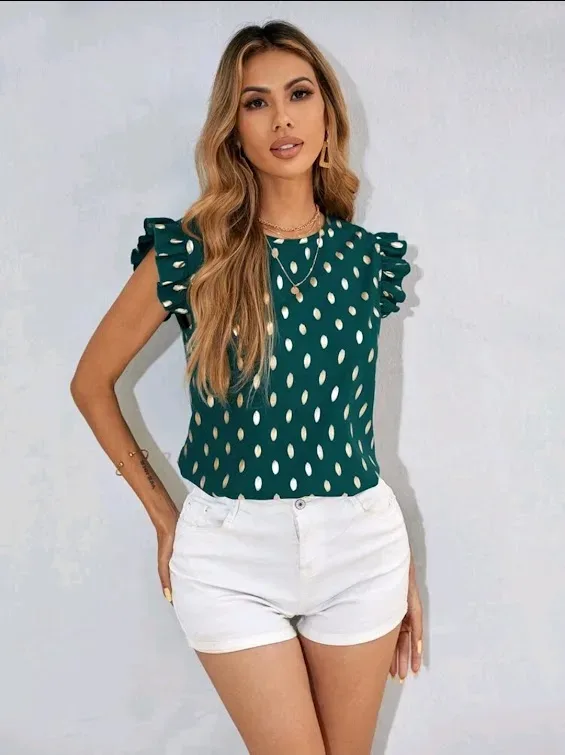 Blusa para dama color verde diseño de lunares color dorado