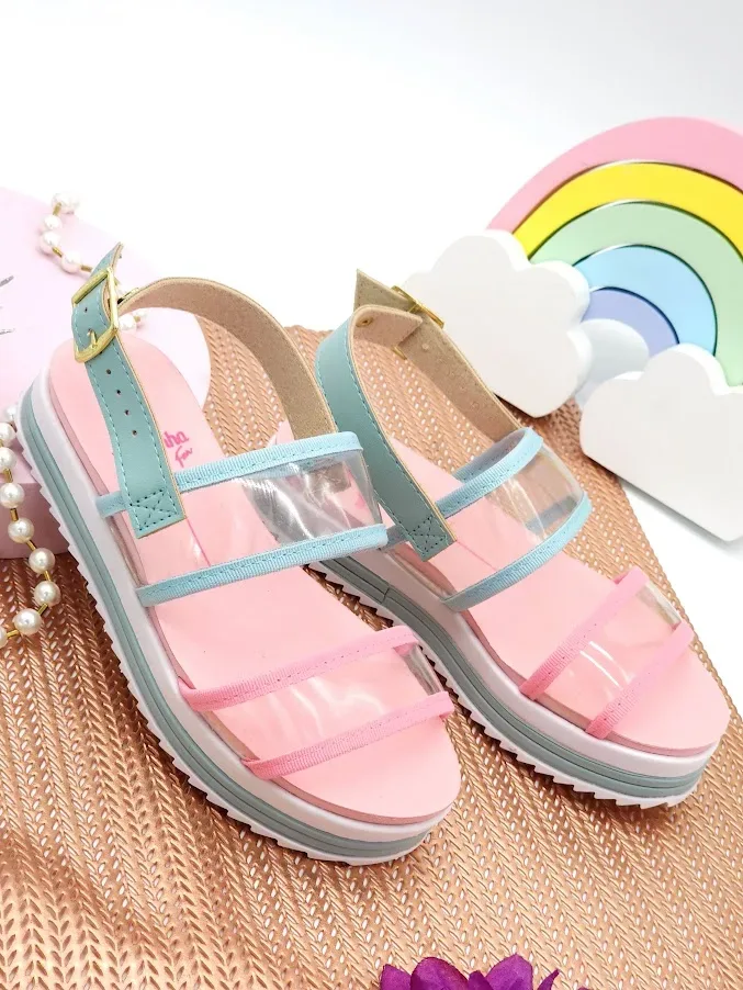 Sandalias Molekinha para niña color rosa, balnco y verde menta
