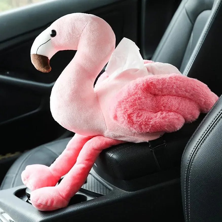 Caja de pañuelos color rosa en forma de flamingo para el carro