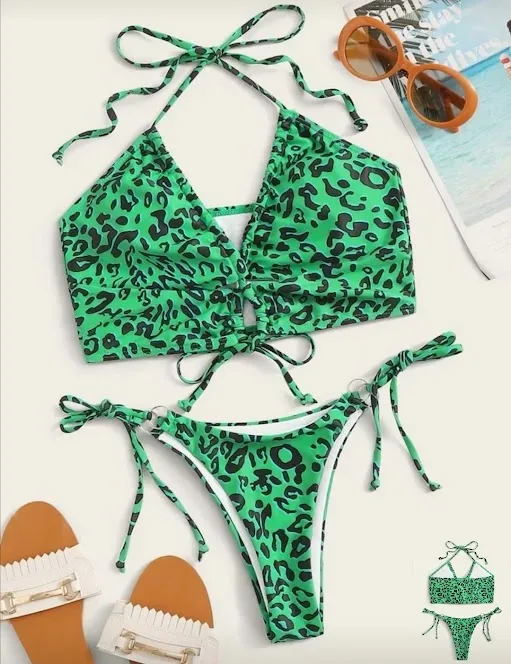 Vestido de baño para dama color verde y negro  con diseño animal print