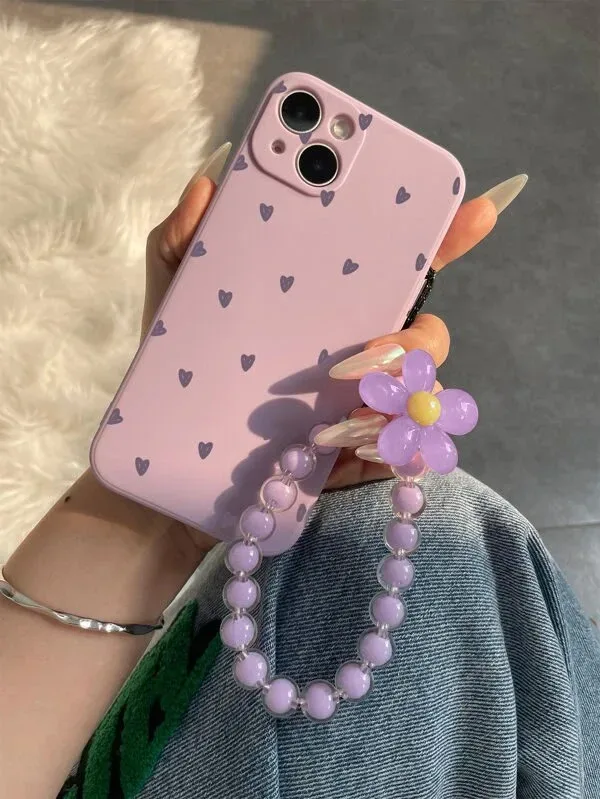 Funda para celular color lila con diseño de corazones