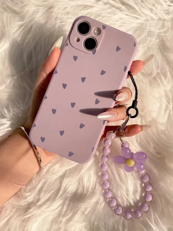 Funda para celular color lila con diseño de corazones