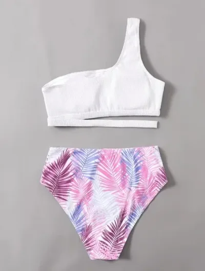Vestido de baño para dama color blanco con diseño de hojas