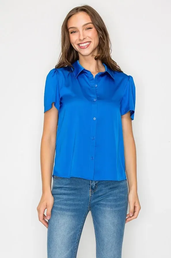 Blusa DNA para dama satinada azul