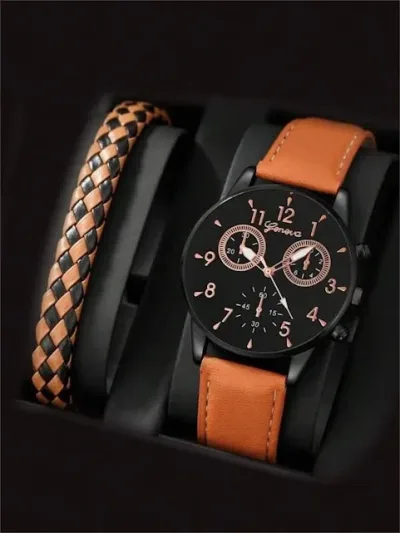 Set de reloj redondo con pulsera color café