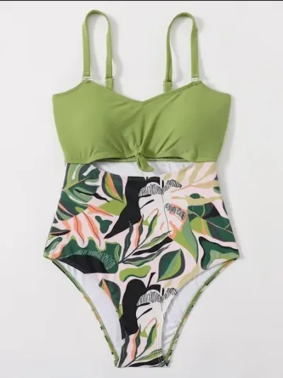 Vestido de baño para dama color verde con diseño tropical