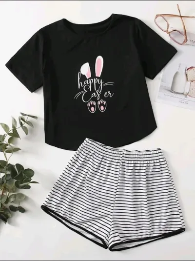Pijama para dama color negro y con rayas color blanco