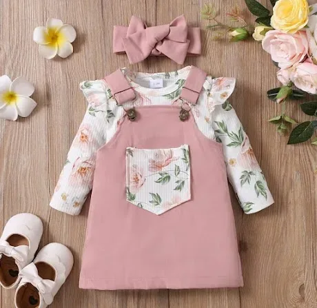 Conjunto de mameluco con vestido para niña color rosa