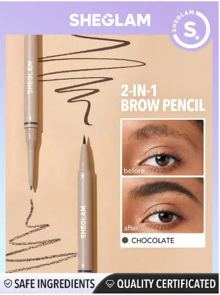 Lapiz de cejas de larga duración 2 en 1, Tono Chocolate, Marca SheGlam.