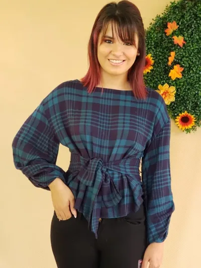 Blusa Hyfve  para dama color turquesa y negro a cuadros