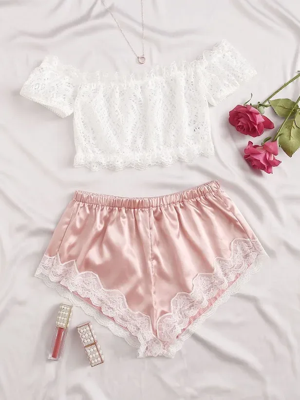 Conjunto de lencería para dama color rosa y blanco