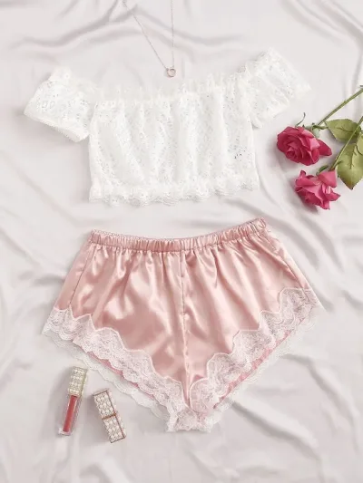 Conjunto de lencería para dama color rosa y blanco