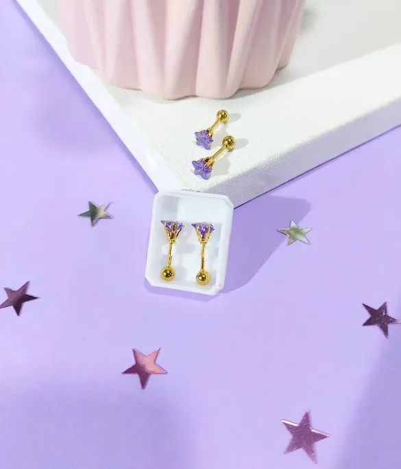 Par de aretes de acero inoxidable para dama color dorado y morado