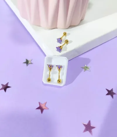 Par de aretes de acero inoxidable para dama color dorado y morado
