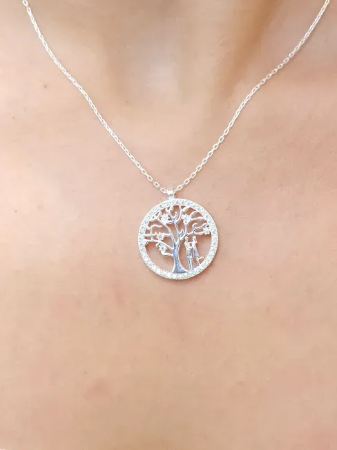 Collar plata 925 para dama con diseño de árbol y pareja